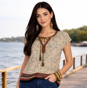 DR2 Boho Cottage Core Blouse Embroidery Summery Leaf Print SZ: M